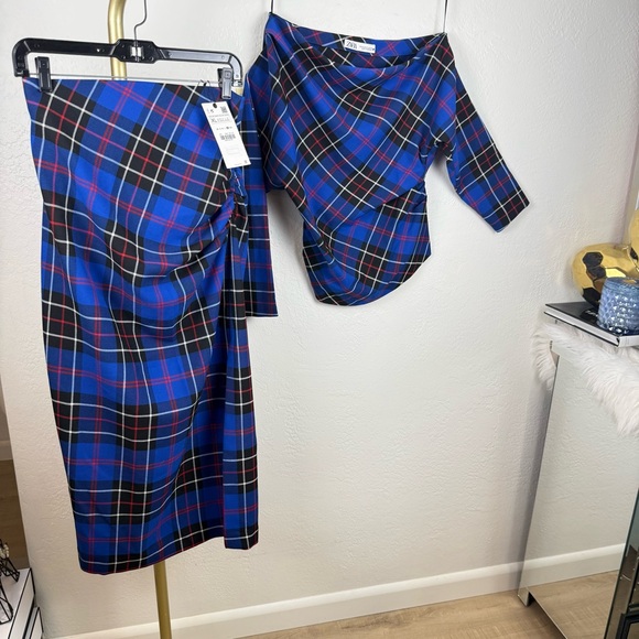Zara Dresses & Skirts - ZARA Blue Plaid Asymmetrical Set/Off-The-Shoulder Top & Ruched Slit Midi Skirt